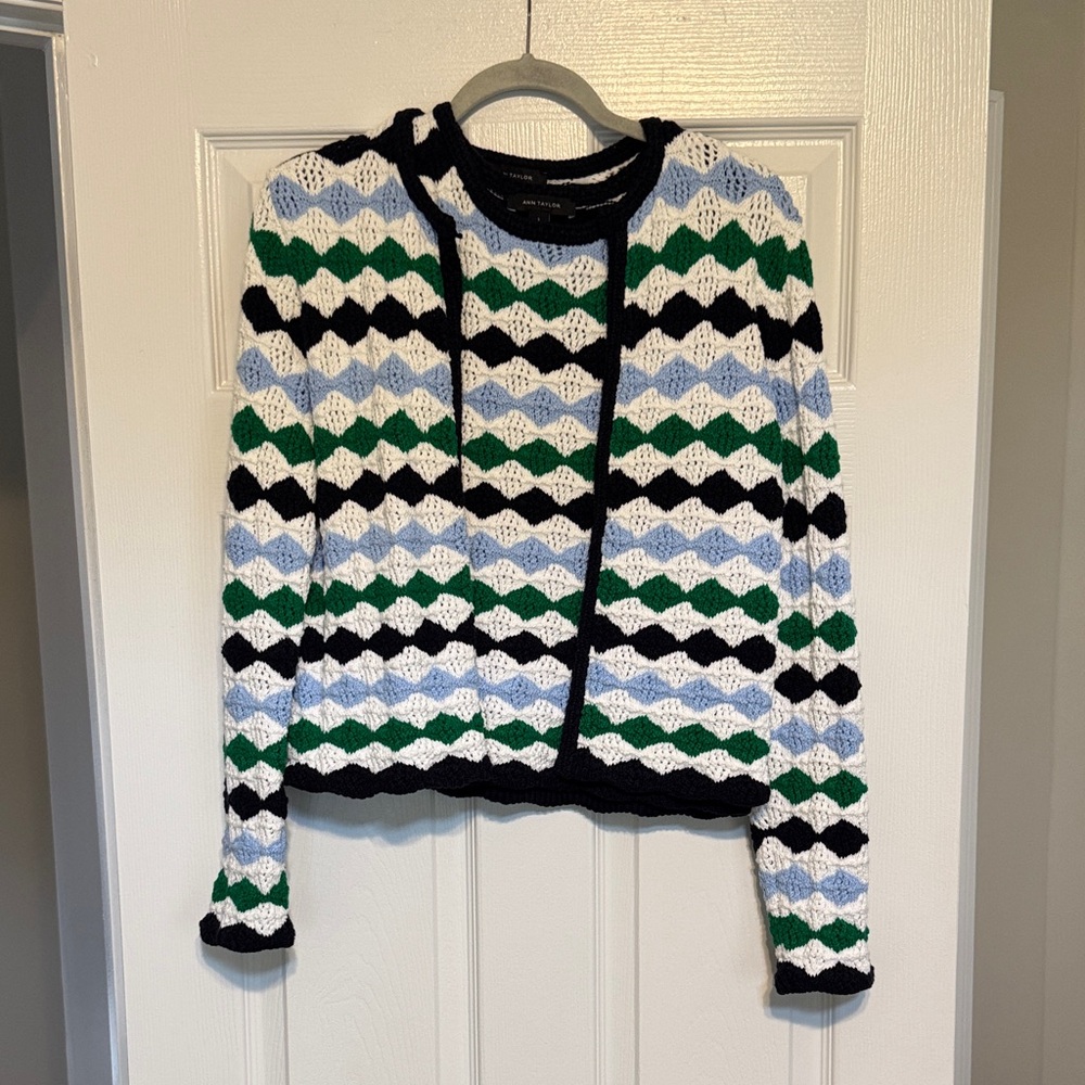 Ann Taylor Black, White, Green, and Blue Patterned Cardigan